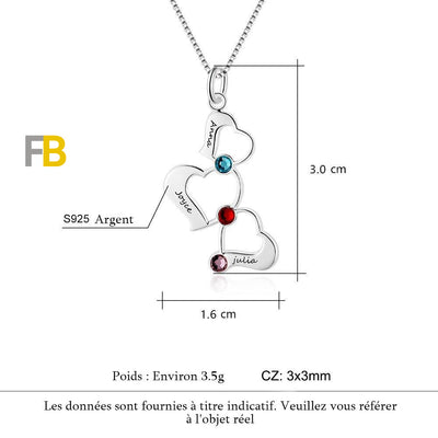 Collier Prénom Personnalisé Pierre de Naissance avec Pendentif de 3 Cœurs