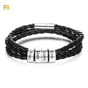 Bracelet 1 à 6 Prénoms Personnalisés Tressé en Cuir avec des Perles