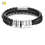 Bracelet 1 à 6 Prénoms Personnalisés Tressé en Cuir avec des Perles
